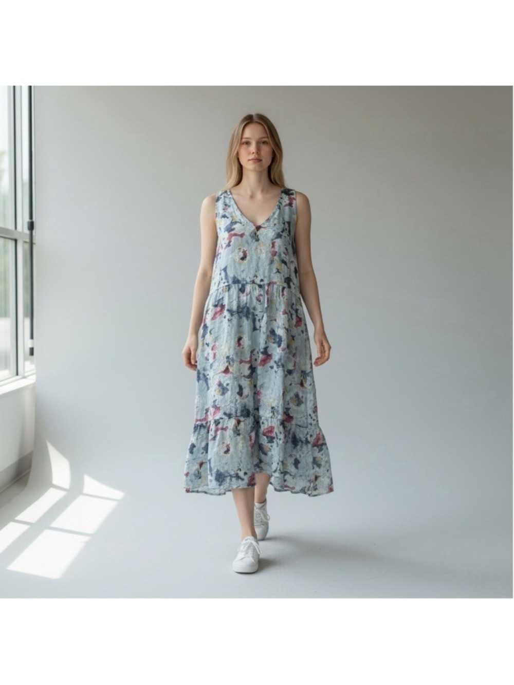 Bellambra Blue Floral Italy Linen Midi Dress Large Sleeveless Tiered Ruffle Boho